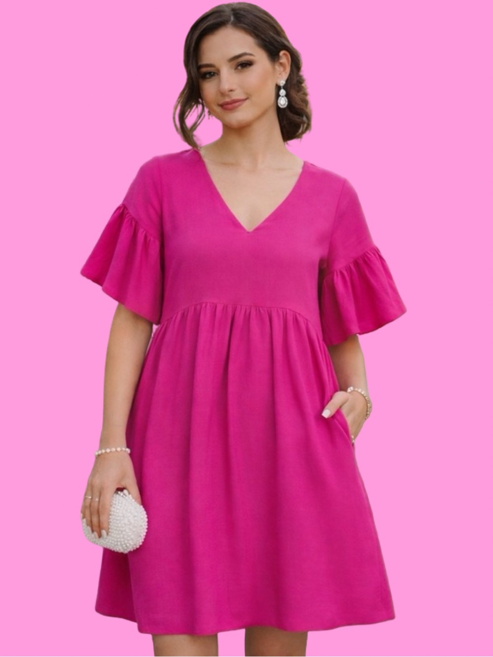 Gorman Pink Linen Mini Dress Ruffle Tiered V Neck Party Dress Event